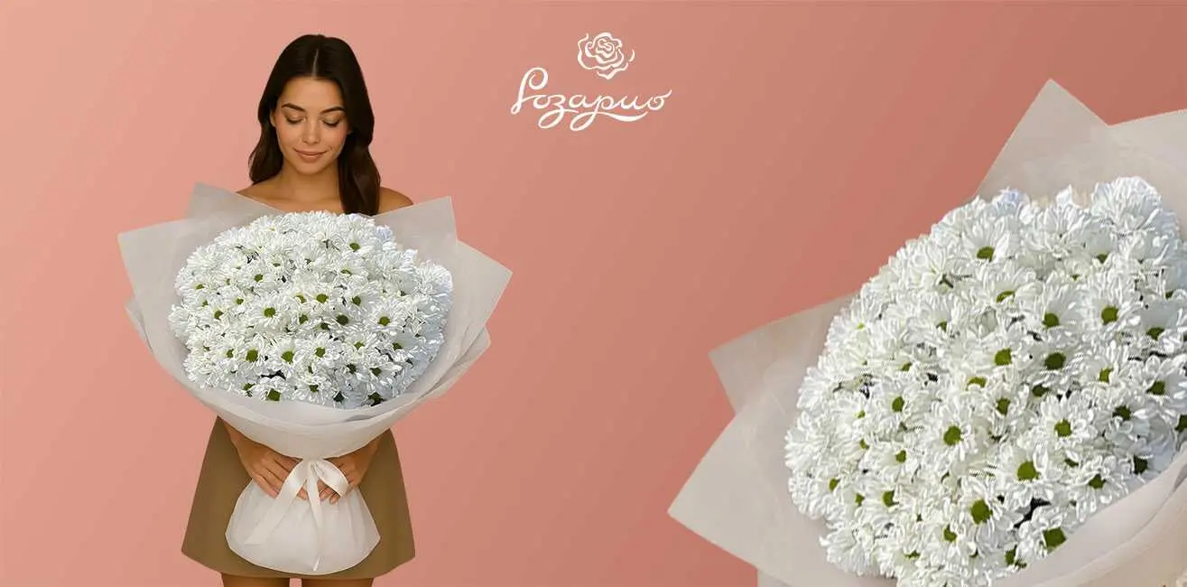 Огромный букет из ромашек, фронтальный вид, в руках у девушки